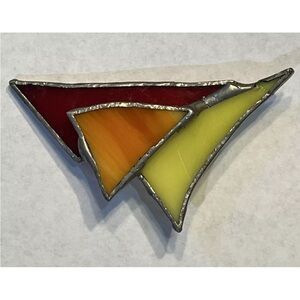 MODERNIST ABSTRACT STAINED GLASS Red Orange Yellow Triangle  BROOCH PIN